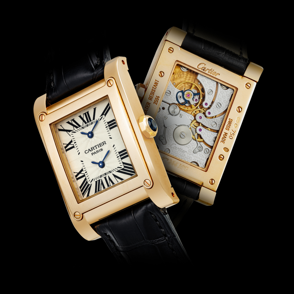 CARTIER. AN 18K PINK GOLD RECTANGULAR DUAL TIME WRISTWATCH