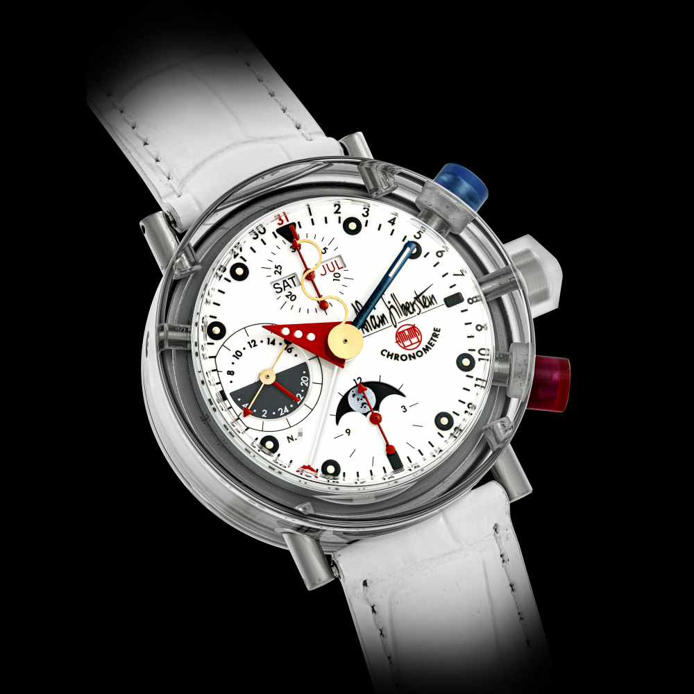 ALAIN SILBERSTEIN. A VERY RARE AND UNUSUAL SAPPHIRE CRYSTAL LIMITED EDITION AUTOMATIC CHRONOGRAPH WRISTWATCH WITH TRIPLE CALENDAR, 24 HOUR DISPLAY AND MOON PHASES
