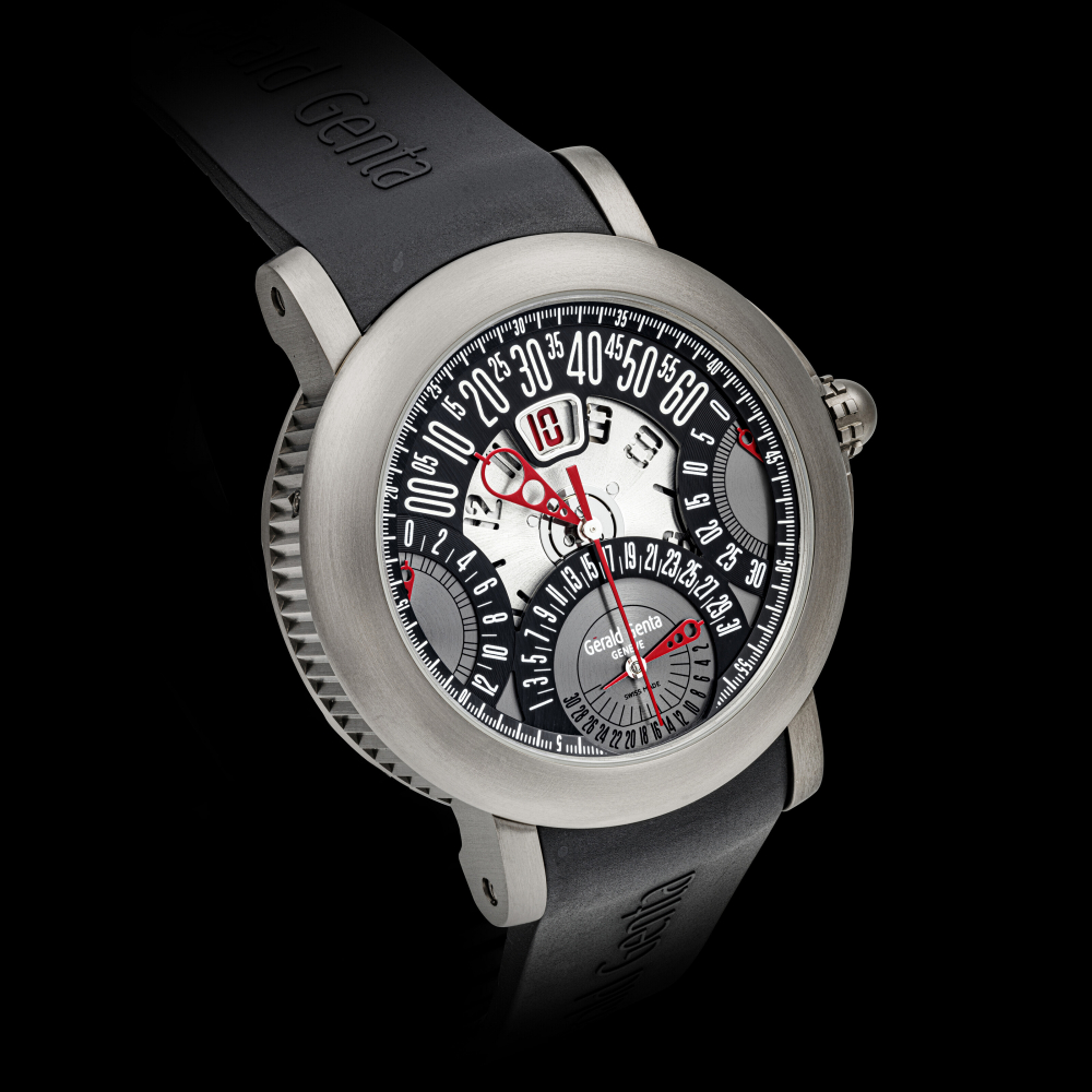 GERALD GENTA. A TITANIUM AUTOMATIC CHRONOGRAPH WRISTWATCH WITH JUMP HOUR, RETROGRADE MINUTES, RETROGRADE CHRONOGRAPH MINUTES AND HOURS AND RETROGRADE DATE