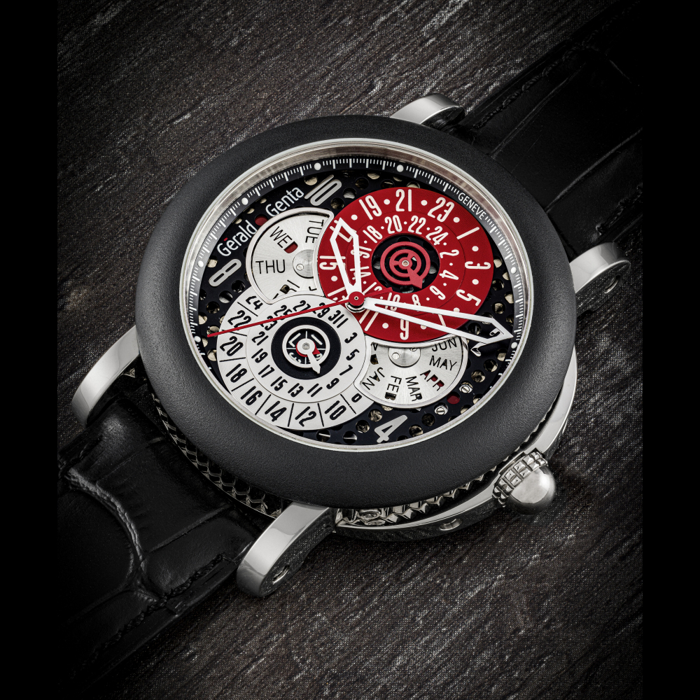 GERALD GENTA. AN 18K WHITE GOLD AUTOMATIC PERPETUAL CALENDAR WRISTWATCH WITH SWEEP CENTRE SECONDS, DUAL-TIME AND LEAP YEAR INDICATION