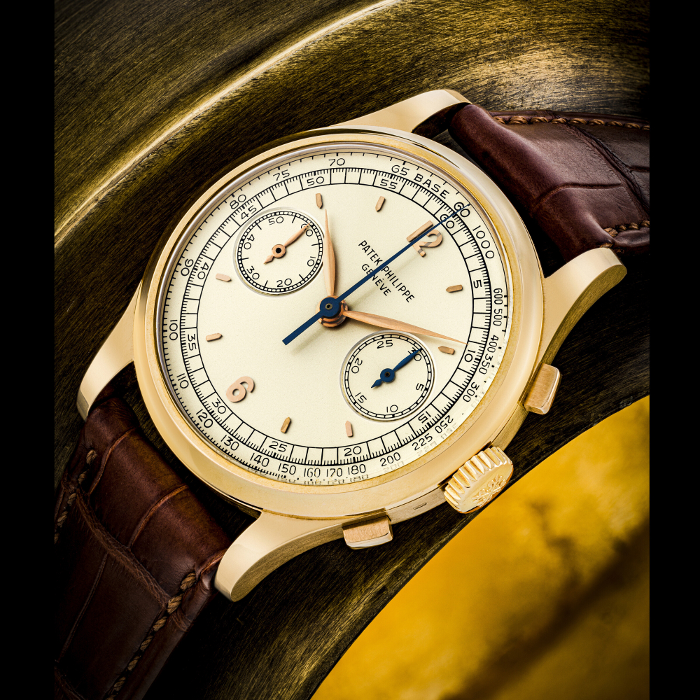 PATEK PHILIPPE. A STUNNING AND VERY RARE 18K PINK GOLD CHRONOGRAPH WRISTWATCH WITH TACHYMETER SCALE