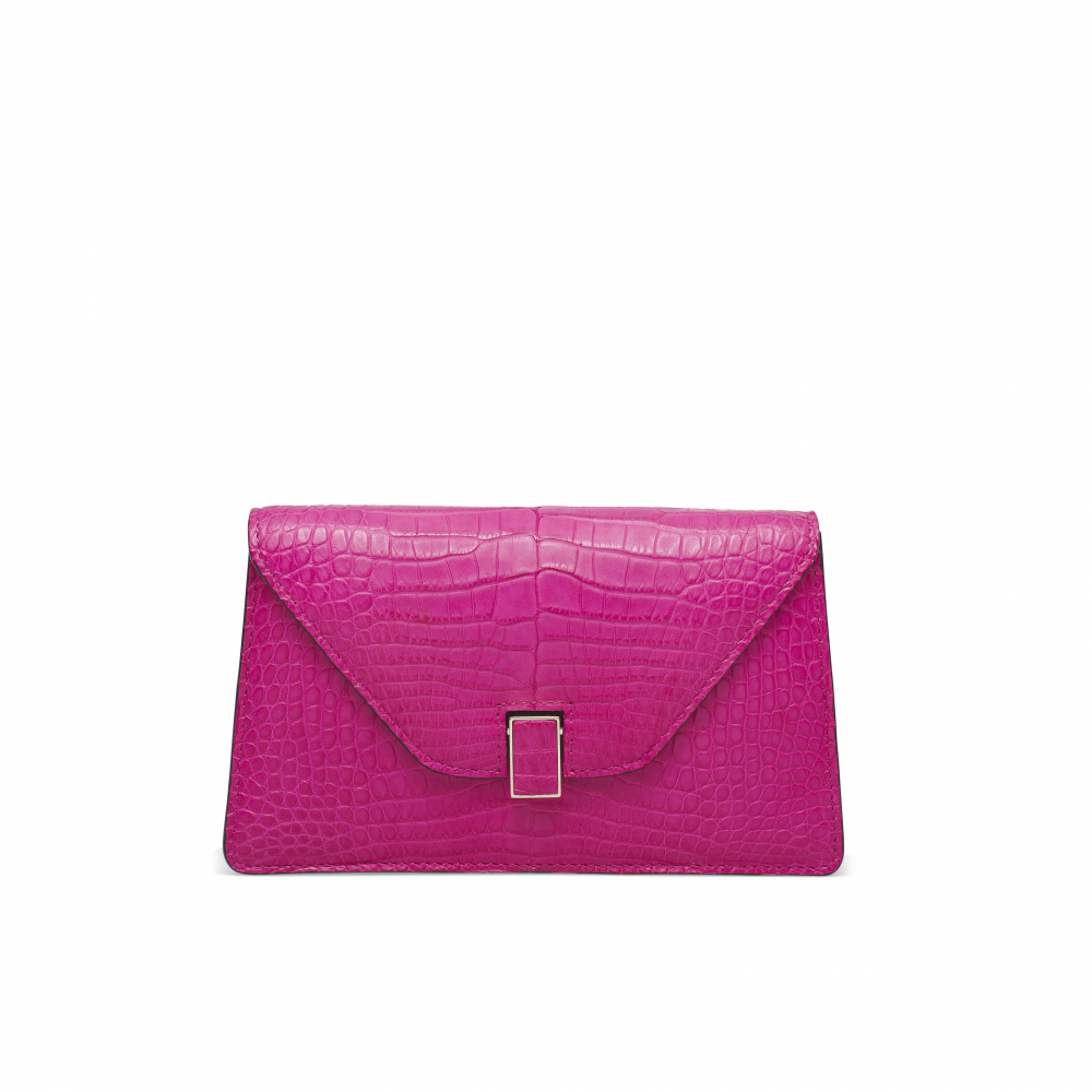 A MADE TO ORDER MATTE FUCHSIA CROCODILE ISIDE CLUTCH WITH GOLD HARDWARE - VALEXTRA