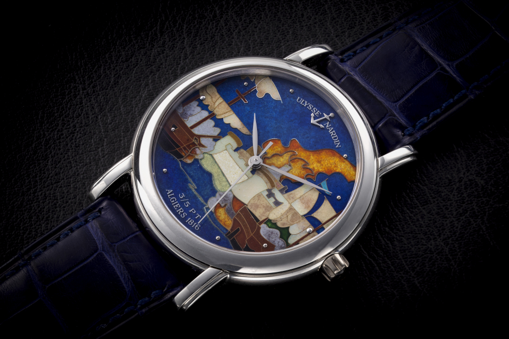ULYSSE NARDIN, ALGIERS, REF 139-70-9, A RARE PLATINUM WRISTWATCH DEPICTING THE BOMBARDMENT OF ALGIERS IN 1816" - SPECIAL