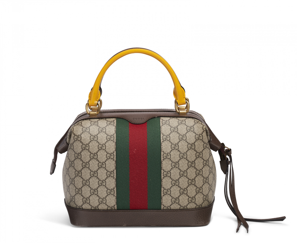 A BROWN MONOGRAM CANVAS BOSTON BAG WITH GOLD HARDWARE - GUCCI
