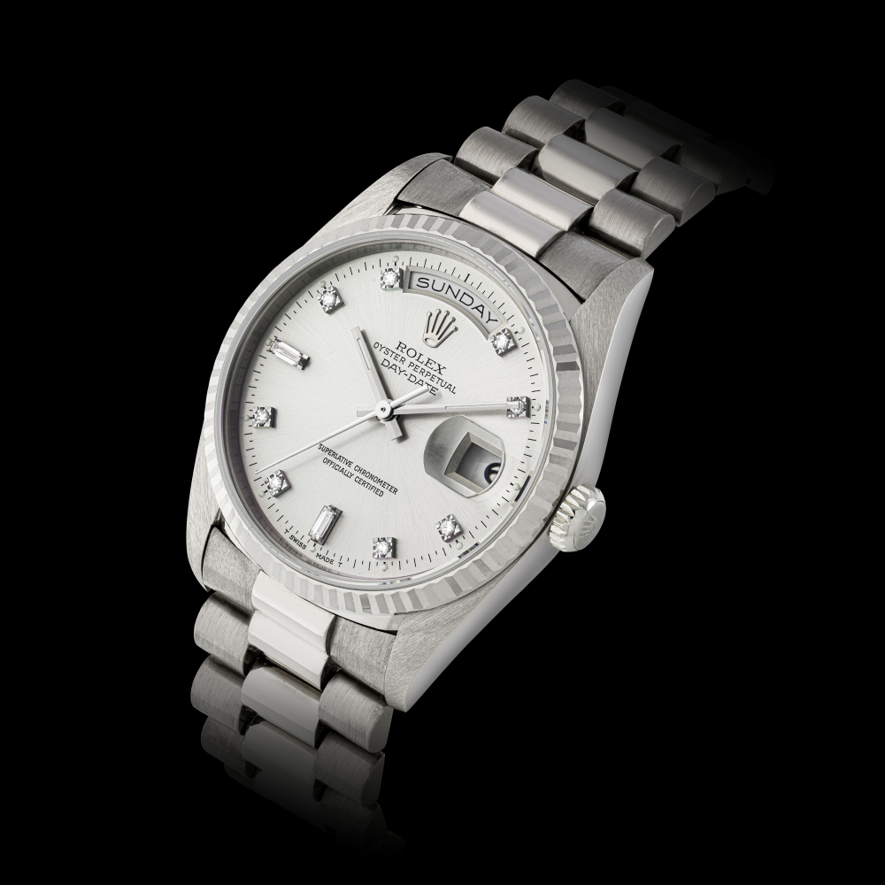 ROLEX, WHITE GOLD DAY-DATE WITH DIAMOND-SET, REF. 18239 -