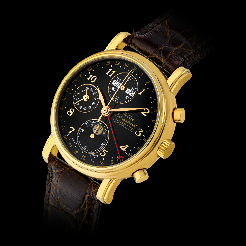 WALDAN INTERNATIONAL, GOLD CHRONOGRAPH TRIPLE CALENDAR -