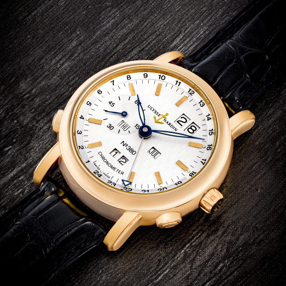ULYSSE NARDIN. A RARE 18K PINK GOLD LIMITED EDITION AUTOMATIC PERPETUAL CALENDAR DUAL TIME WRISTWATCH WITH DIGITAL YEAR DISPLAY