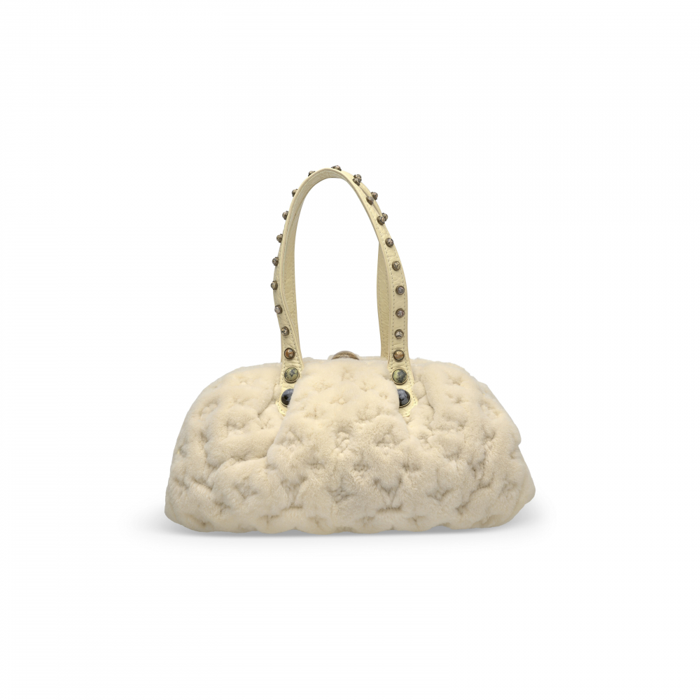 A LIMITED EDITION CREAM MONOGRAM QUILTED MINK CABOCHONS DEMI LUNE BAG WITH GOLD HARDWARE BY MARC JACOBS - LOUIS