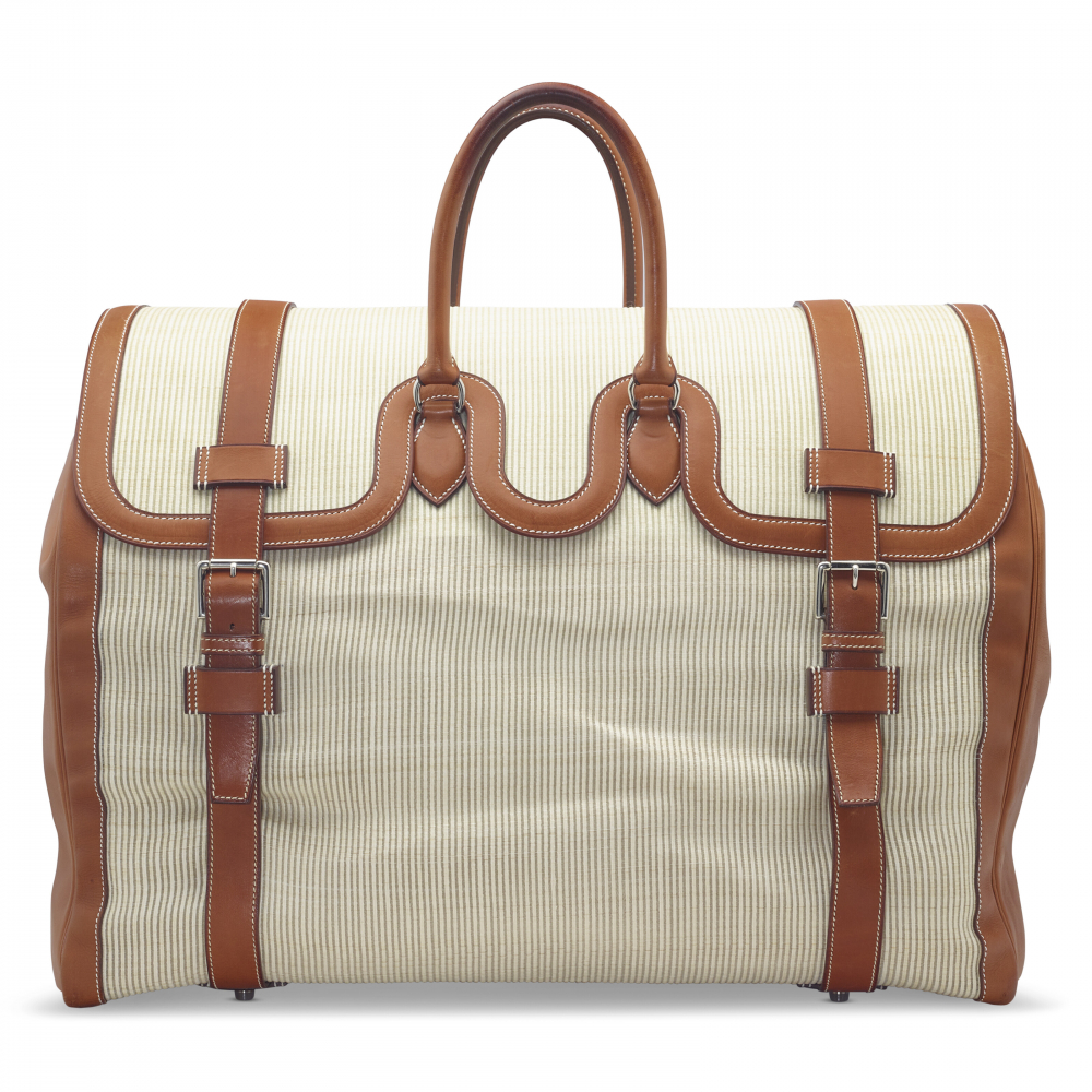 A BARÉNIA LEATHER BEIGE CRINOLINE TRAVEL DRAG 57 WITH PALLADIUM HARDWARE - HERMÈS