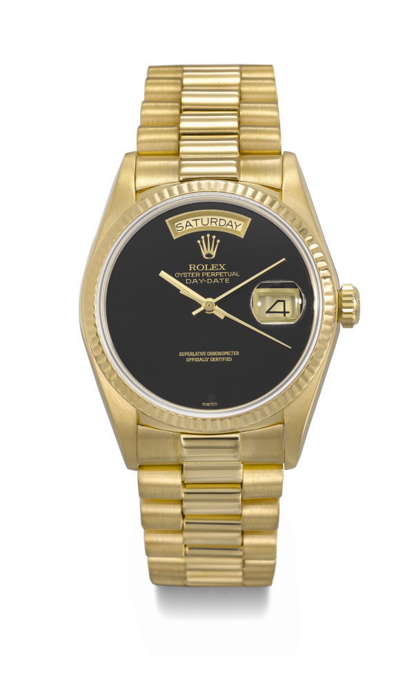 ROLEX. A RARE AND ATTRACTIVE 18K GOLD AUTOMATIC WRISTWATCH WITH SWEEP CENTRE SECONDS, DAY, DATE, ONYX DIAL AND BRACELET