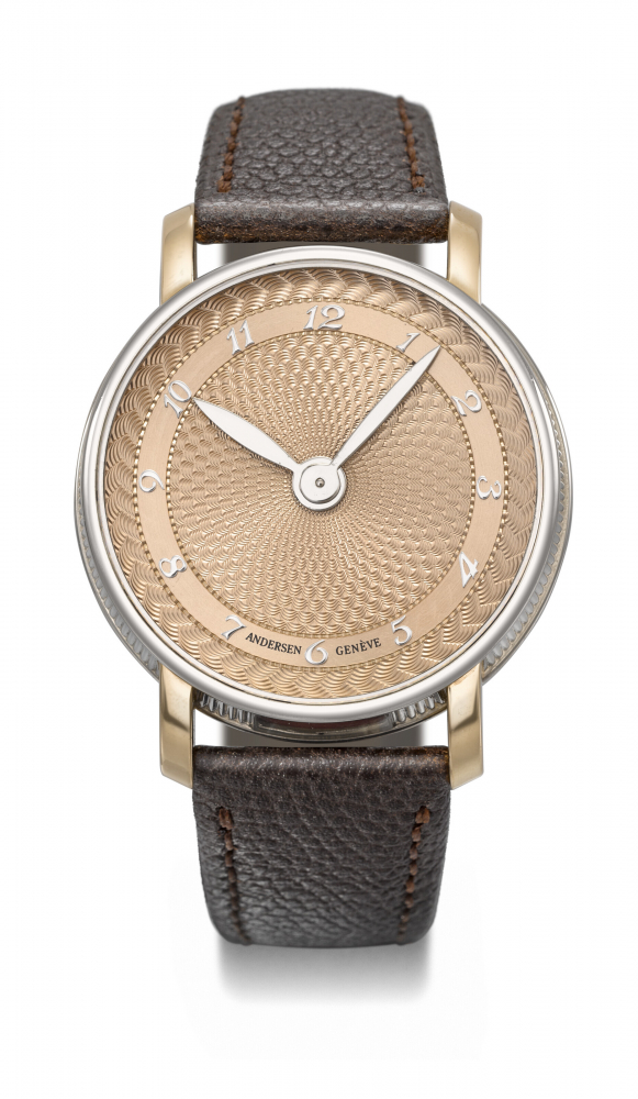 ANDERSEN GENEVE. A VERY RARE AND AVANT-GARDE 18K WHITE GOLD AND PINK GOLD AUTOMATIC 'MONTRE A TACT' WRISTWATCH WITH DATE