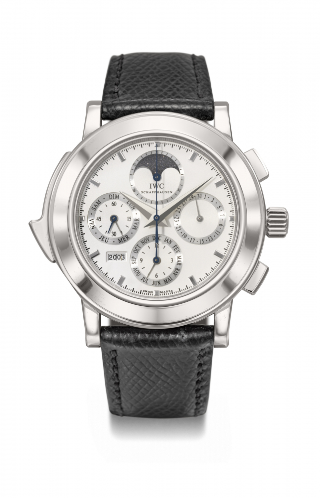 IWC. A VERY RARE AND IMPRESSIVE PLATINUM LIMITED EDITION AUTOMATIC PERPETUAL CALENDAR MINUTE REPEATING CHRONOGRAPH WRISTWATCH WITH MOON PHASES AND YEAR INDICATION