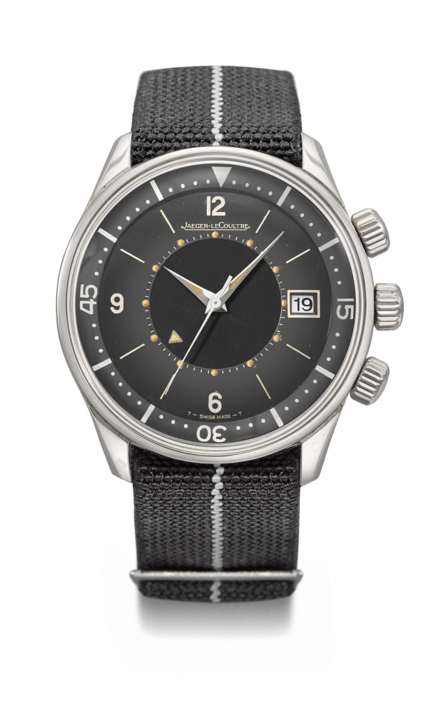 JAEGER-LECOUTRE. AN EXTREMELY RARE STAINLESS STEEL PROTOTYPE AUTOMATIC WRISTWATCH WITH SWEEP CENTRE SECONDS, DATE AND ALARM