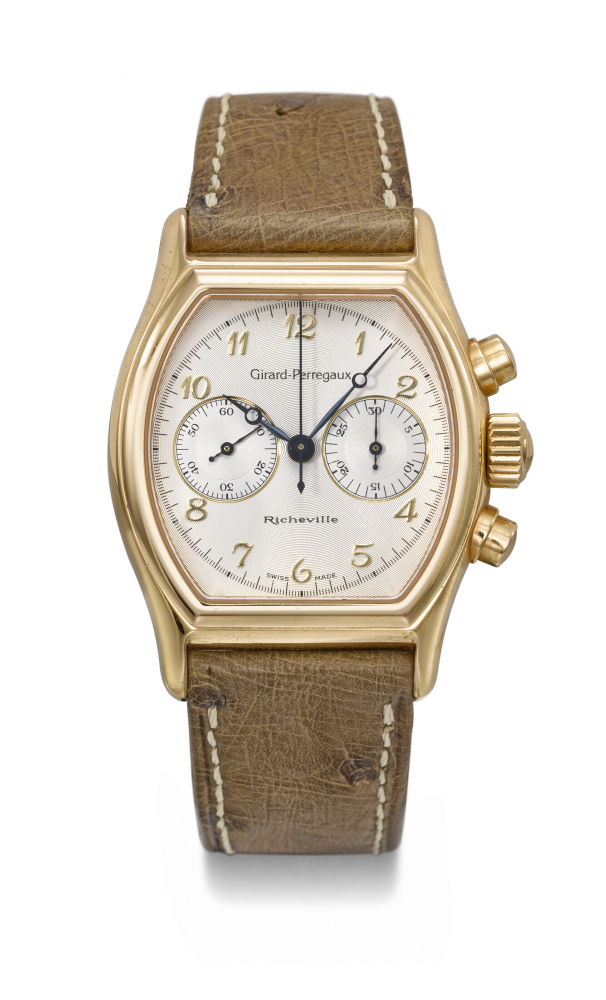 GIRARD-PERREGAUX. AN ELEGANT 18K GOLD TONNEAU-SHAPED CHRONOGRAPH WRISTWATCH WITH BREGUET NUMERALS