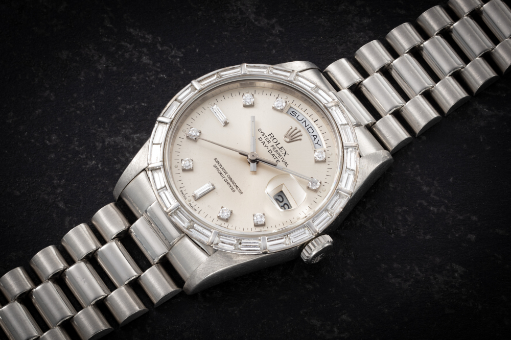 ROLEX, DAY-DATE REF. 18366, AN ATTRACTIVE PLATINUM AND DIAMOND SET AUTOMATIC WRISTWATCH - CASE