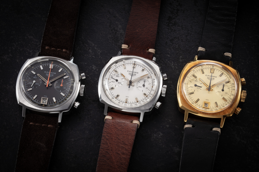 HEUER, A SET OF 3 MUSEUM-GRADE VINTAGE CAMARO CHRONOGRAPH WRISTWATCHES – REF. 7743, REF. 73445, REF. 73443 DATO -