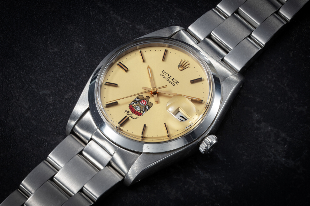 ROLEX, OYSTERDATE, REF. 6694, A STAINLESS STEEL WRISTWATCH WITH THE NATIONAL SYMBOL OF THE UAE, CASE NUMBER: 5'498'657 | Christie’s
