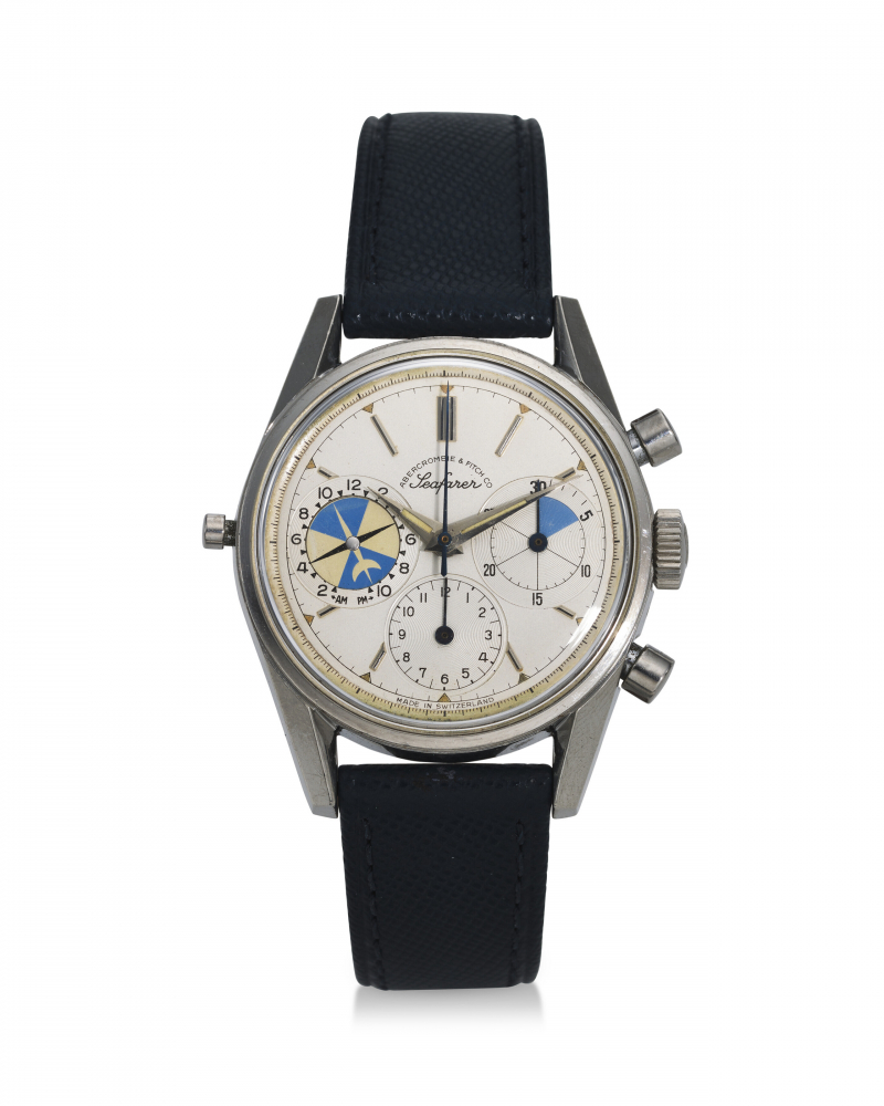 HEUER, RETAILED BY ABERCROMBIE FITCH CO., REF. 2447, SEAFARER, A RARE STEEL CHRONOGRAPH WRISTWATCH WITH TIDE INDICATION AND REGATTA COUNTDOWN