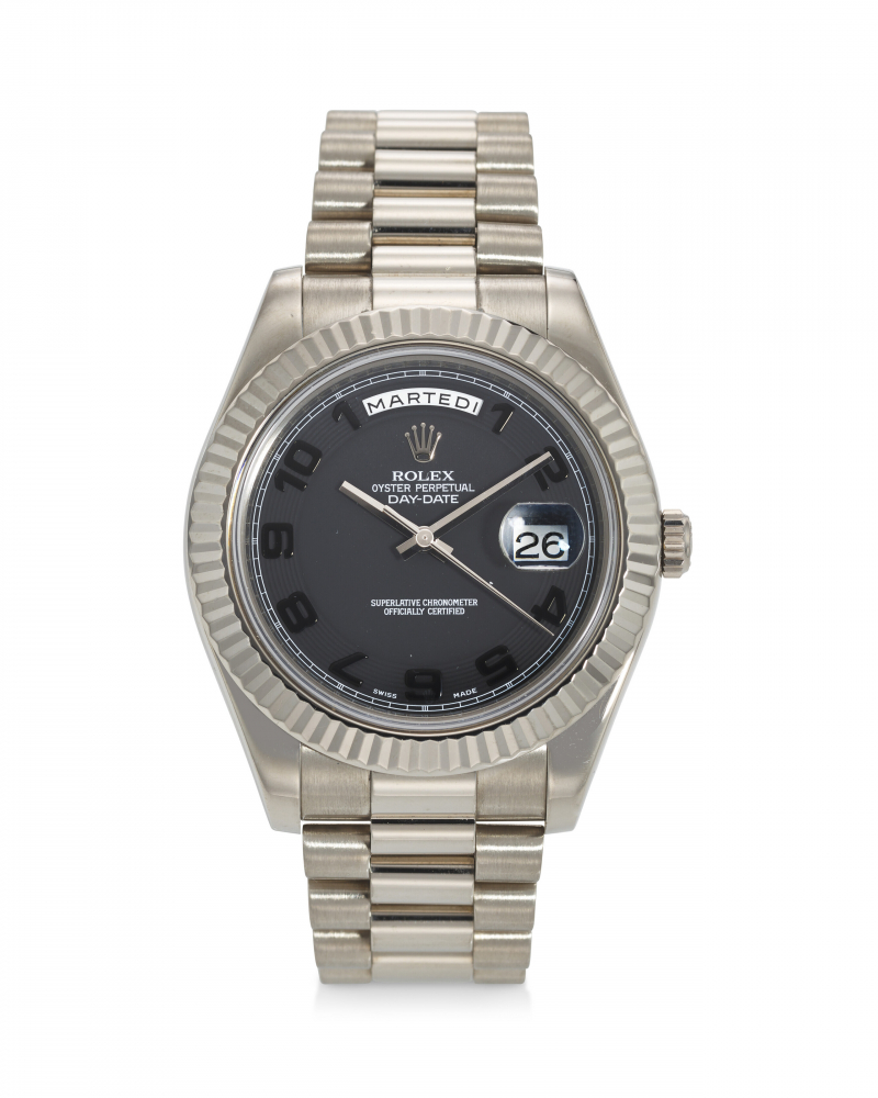 ROLEX, REF. 218239, DAY-DATE II, AN 18K WHITE GOLD WRISTWATCH WITH ITALIAN DAY AND DATE