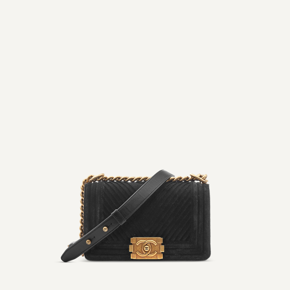A BLACK VELVET CHEVRON MINI BOY BAG WITH BRASS HARDWARE, CHANEL, 2017 | Christie’s