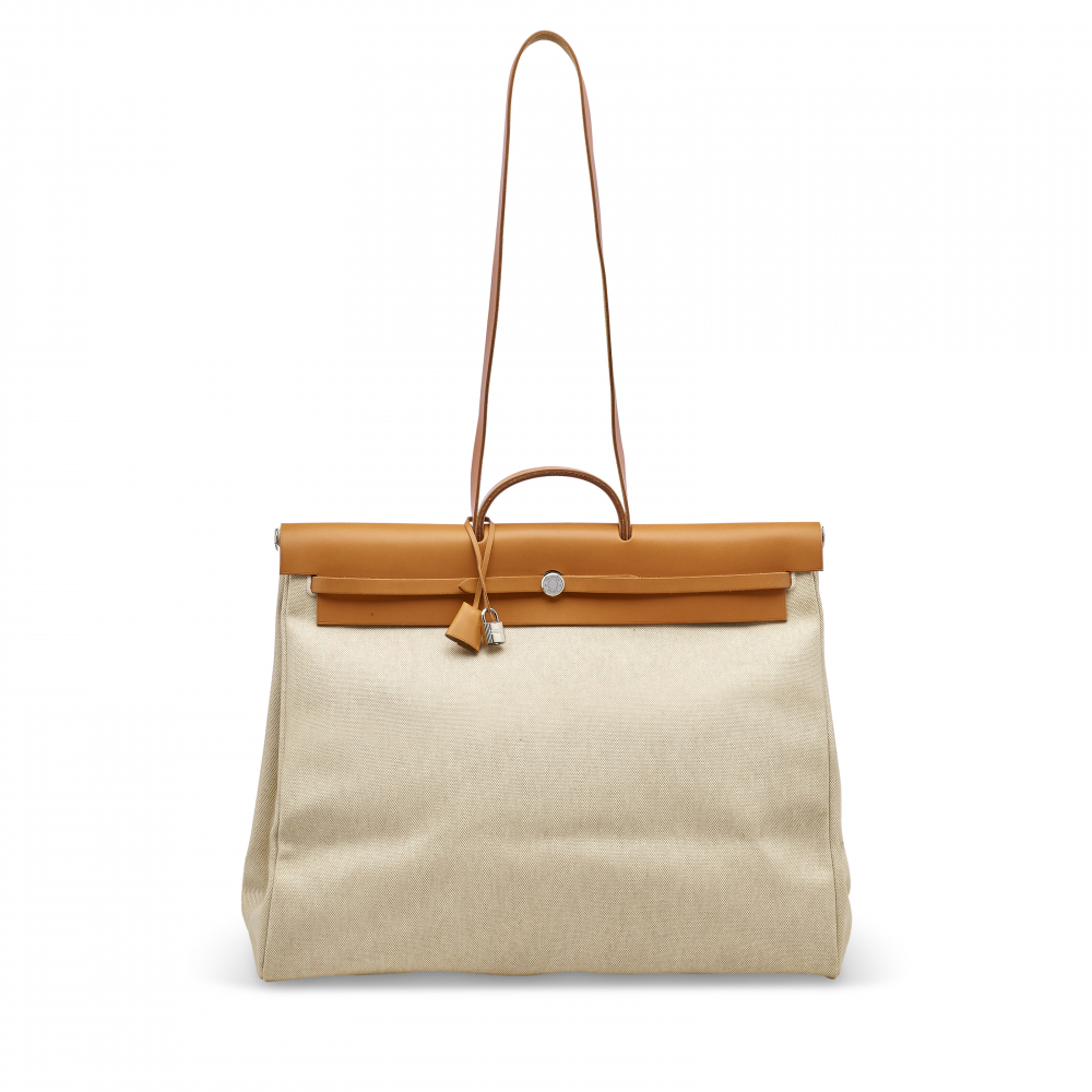 A VACHE NATURELLE TOILE H CABINE HERBAG WITH PALLADIUM HARDWARE - HERMÈS