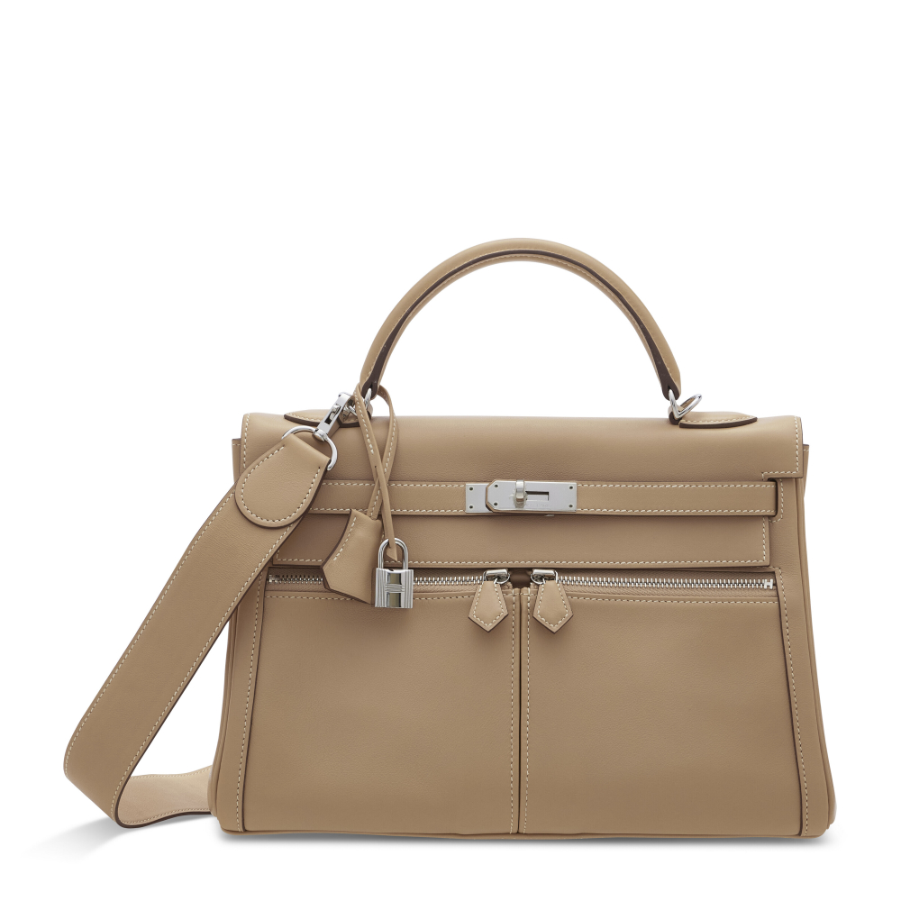 A BEIGE SWIFT LEATHER KELLY LAKIS 32 WITH PALLADIUM HARDWARE