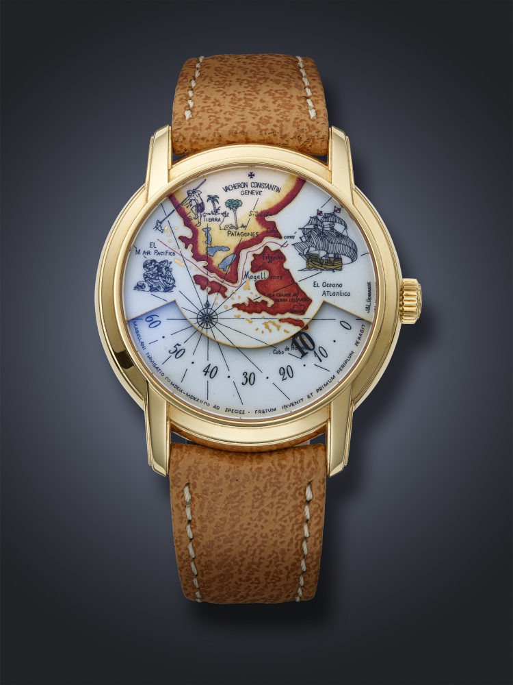 VACHERON CONSTANTIN, RARE YELLOW GOLD WANDERING HOURS 'TRIBUTE TO THE GREAT EXPLORERS 'MAGELLAN'' WITH HAND-PAINTED CHAMPLEVE ENAMEL DIAL, REF. 47070