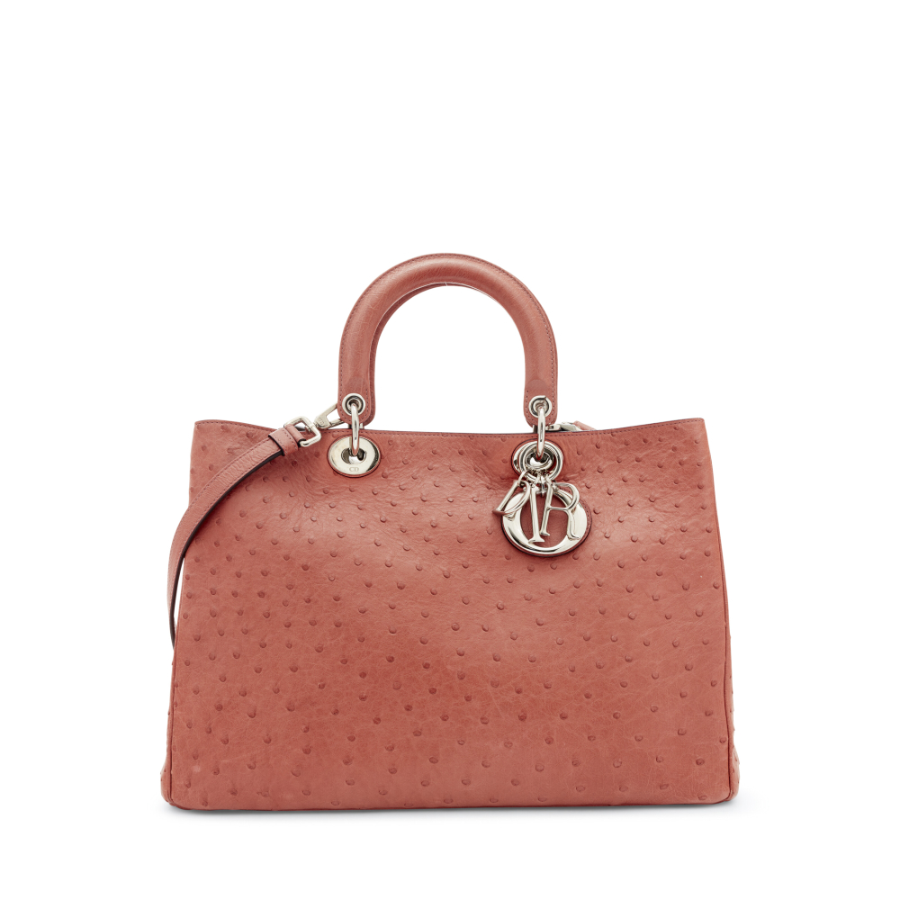 A PINK OSTRICH LEATHER LARGE DIORISSIMO WITH SILVER HARDWARE