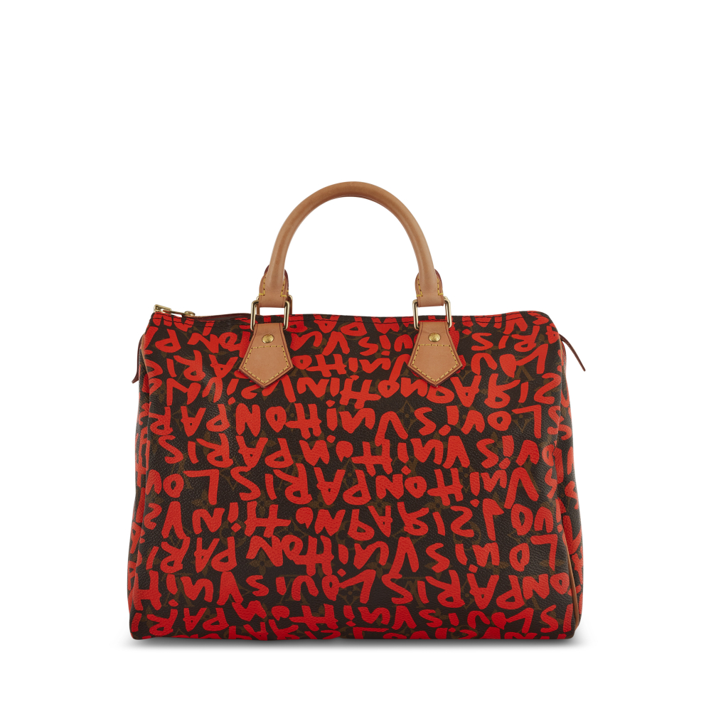 A LIMITED EDITION ORANGE GRAFFITI MONOGRAM CANVAS NATURAL LEATHER SPEEDY 30 WITH GOLD HARDWARE BY STEPHEN SPROUSE