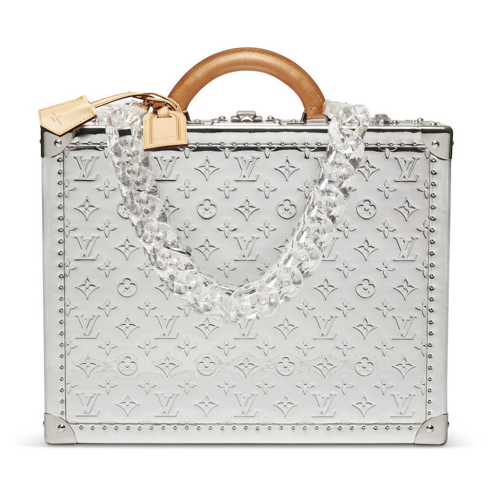 A FALL/WINTER RUNWAY METALLIC SILVER MIRROR MONOGRAM CALFSKIN COTTEVILLE TRUNK 45 WITH SILVER HARDWARE BY VIRGIL ABLOH