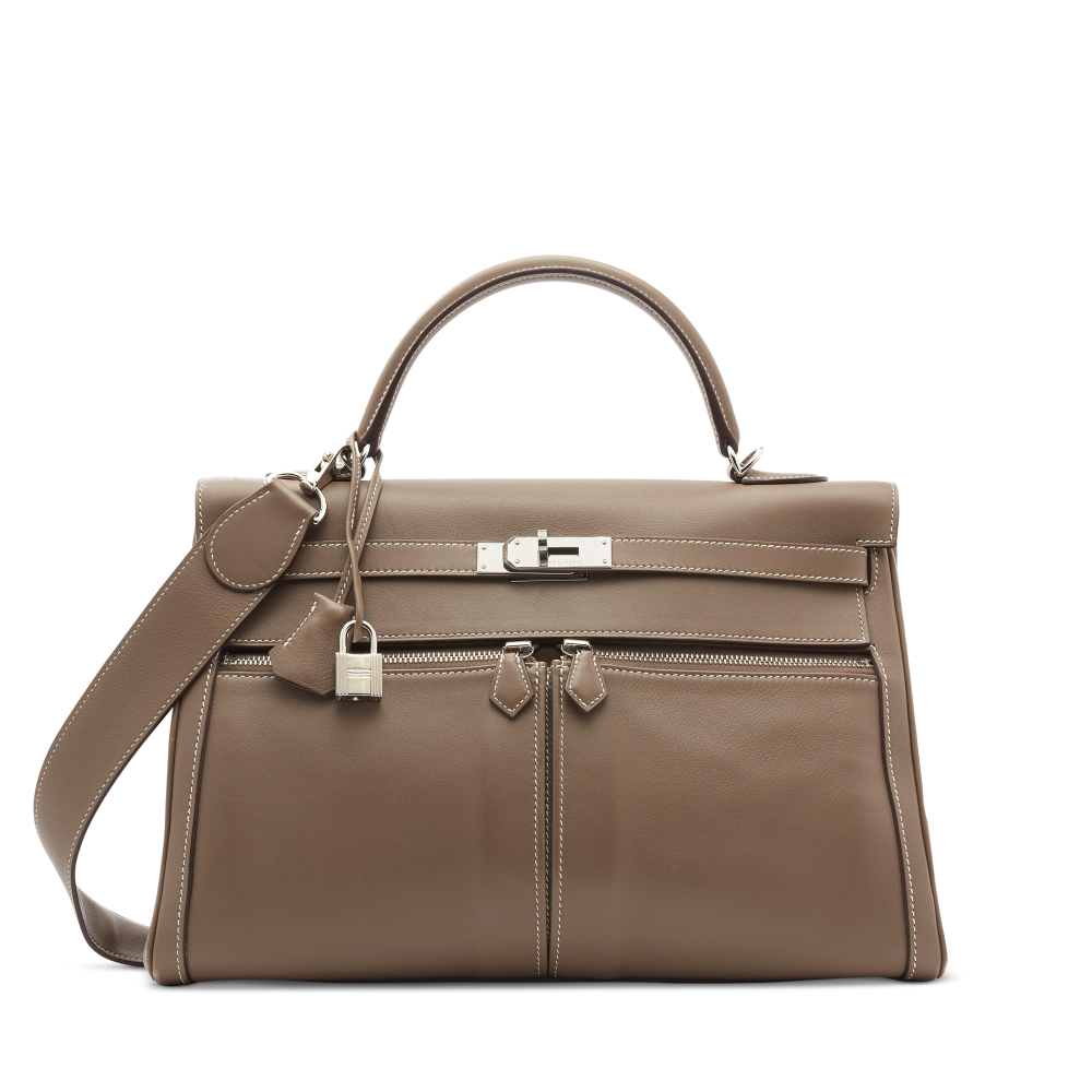 AN ÉTOUPE SWIFT LEATHER KELLY LAKIS 35 WITH PALLADIUM HARDWARE