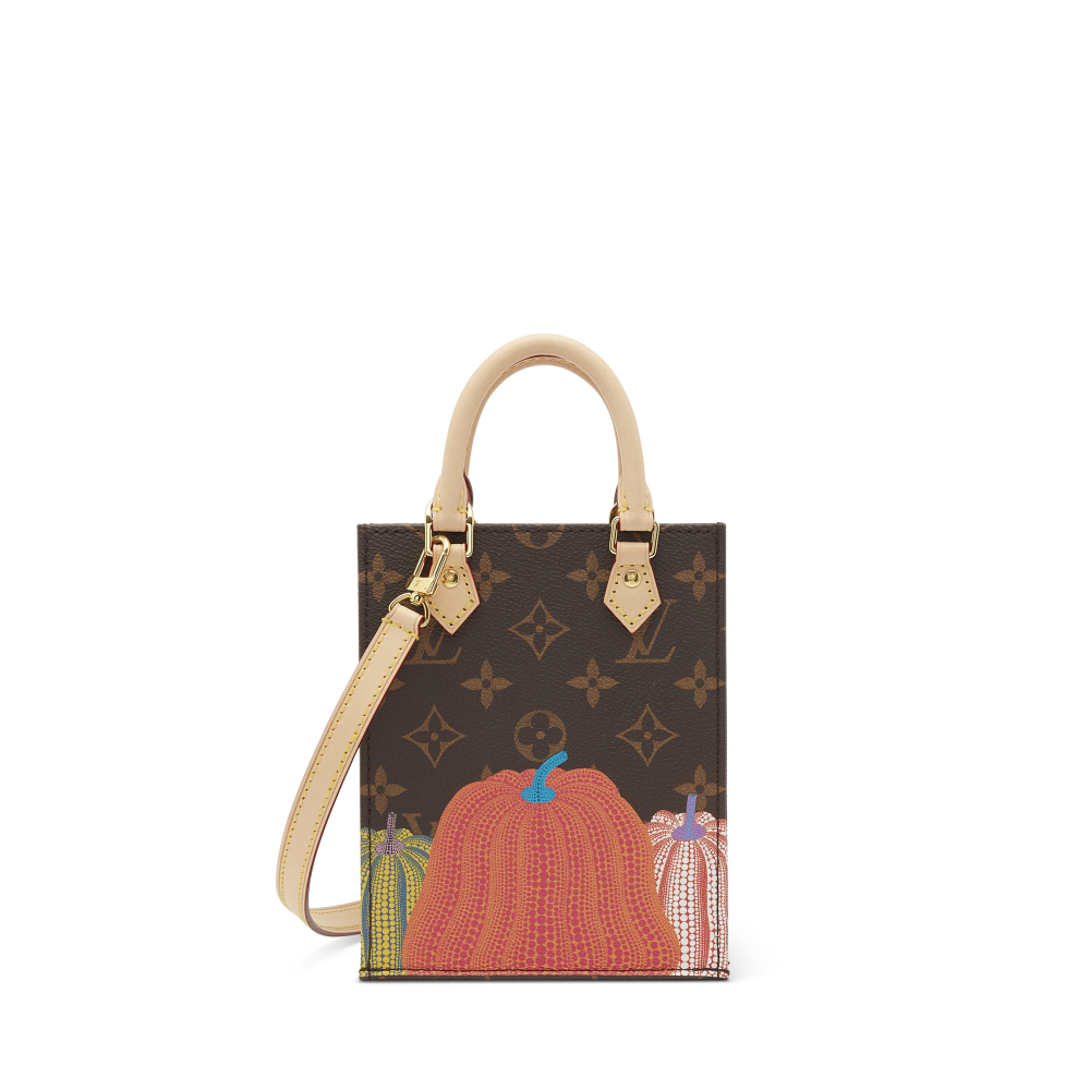 A CLASSIC MONOGRAM CANVAS NATURAL LEATHER PETIT SAC PLAT PUMPKIN WITH GOLD HARDWARE BY YAYOI KUSAMA