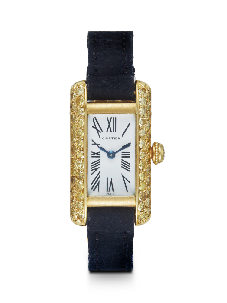 CARTIER TANK, A RARE AND ATTRACTIVE GOLD AND YELLOW SAPPHIRE-SET MANUAL WINDING WRISTWATCH