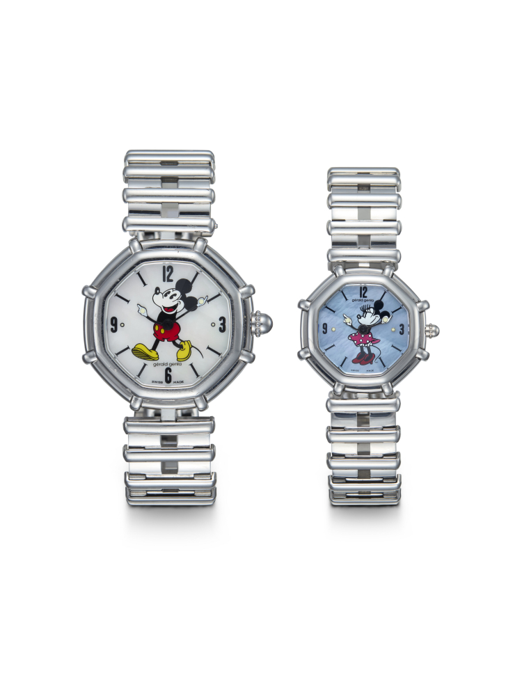 GERALD GENTA, A SET OF TWO (HIS AND HERS) OCTAGONAL STAINLESS STEEL WRISTWATCHES WITH MOTHER OF PEARL DIALS FEATURING MINNIE AND MICKEY MOUSE