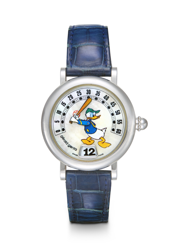 GERALD GENTA, DONALD DUCK RETRO REF. G 3612.7, A STEEL AUTOMATIC JUMP HOUR WRISTWATCH WITH RETROGRADE MINUTES AND MOTHER-OF-PEARL DIAL