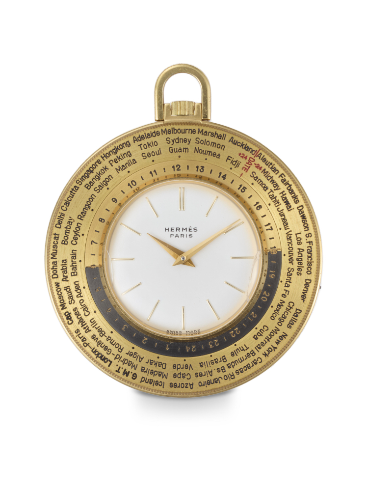 HERMES, WORLDTIME, A FINE GILT BRASS WORLD TIME POCKET WATCH