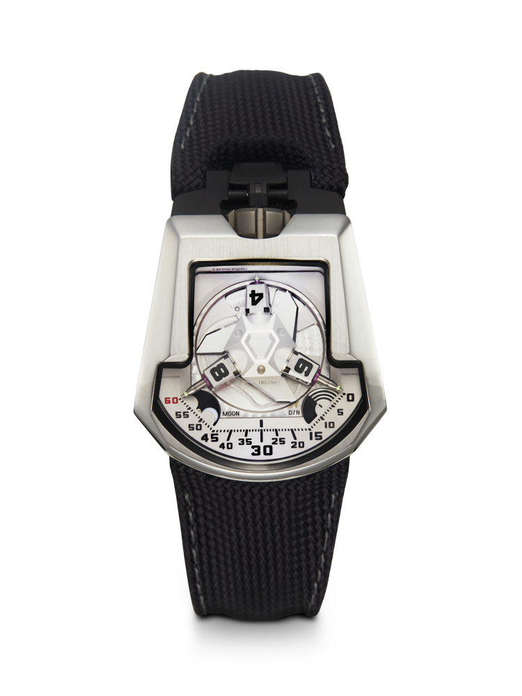 URWERK, UR-202 WHITE SHARK, A RARE AND UNUSUAL SPECIAL EDITION STEEL AND TITANIUM AUTOMATIC WRISTWATCH WITH 3-DIMENSIONAL SATELLITE HOUR DISPLAY
