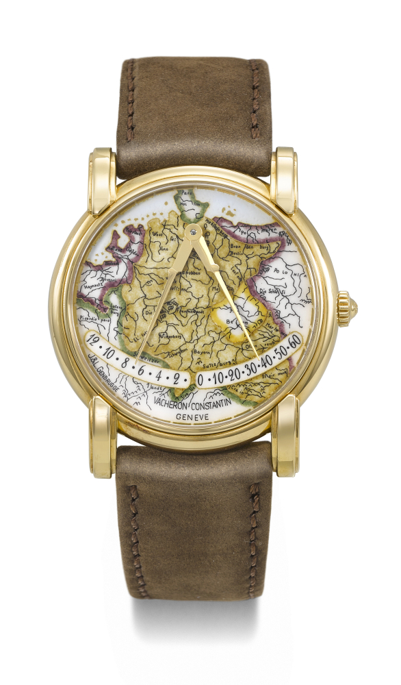 VACHERON CONSTANTIN. A VERY RARE AND AVANT-GARDE 18K GOLD LIMITED EDITION AUTOMATIC DOUBLE RETROGRADE WRISTWATCH WITH CLOISONNE ENAMEL DIAL DEPICTING GERMANY