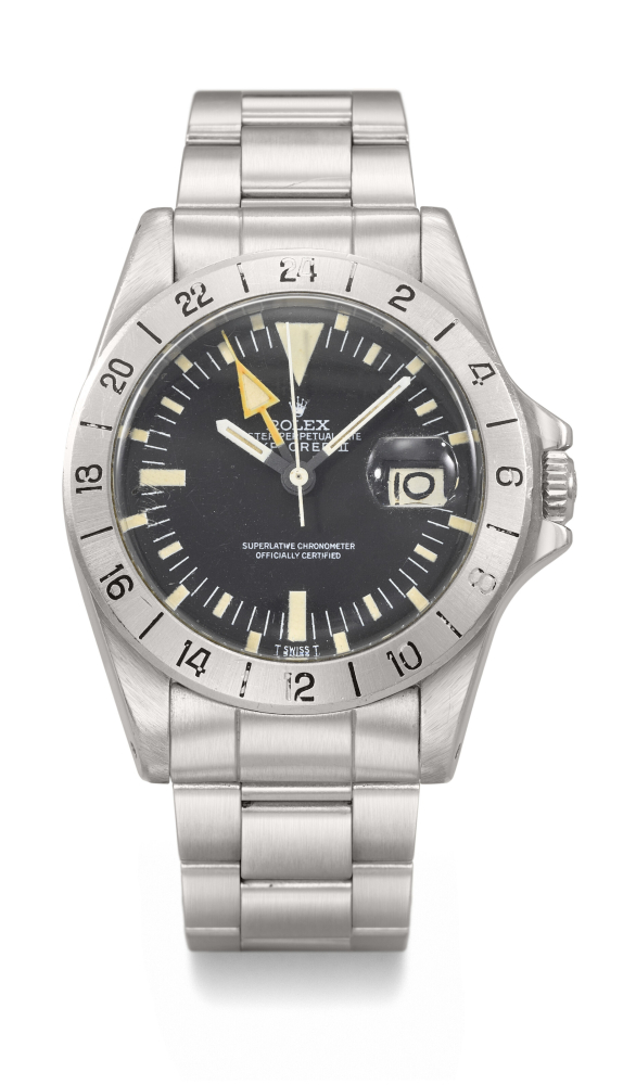 ROLEX. A RARE AND ATTRACTIVE STAINLESS STEEL AUTOMATIC WRISTWATCH WITH SWEEP CENTRE SECONDS, DATE, 24 HOUR HAND AND BRACELET