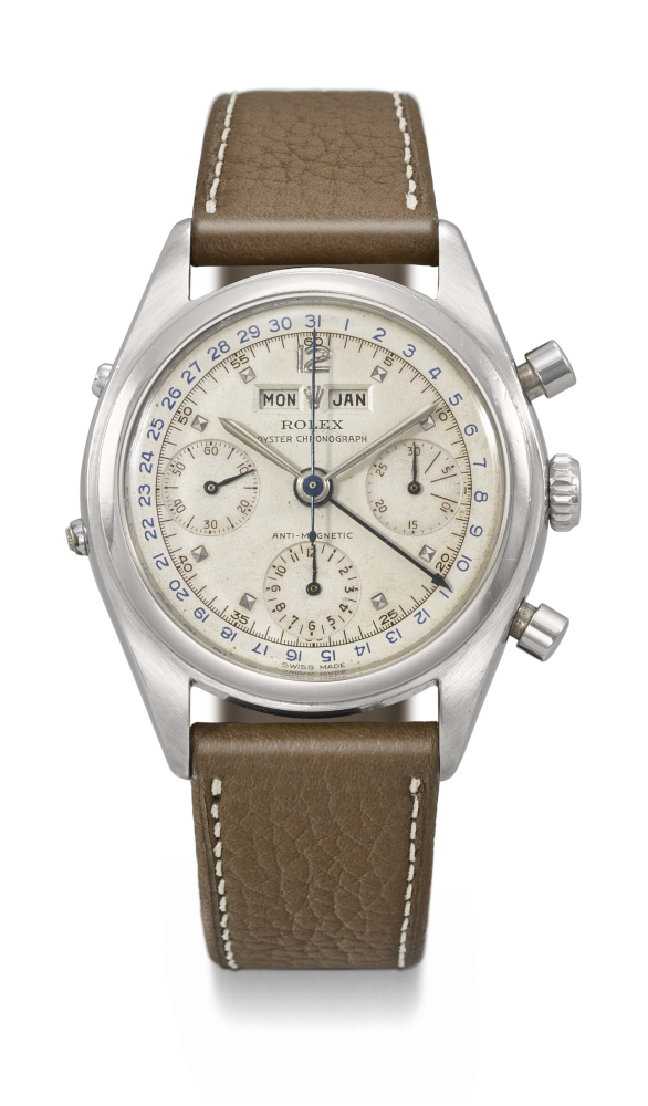 ROLEX. AN EXTREMELY RARE AND HIGHLY ATTRACTIVE STAINLESS STEEL TRIPLE CALENDAR CHRONOGRAPH WRISTWATCH