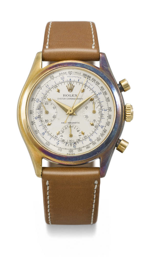 ROLEX. AN EXCEEDINGLY RARE AND WELL PRESERVED 18K GOLD ANTI-MAGNETIC CHRONOGRAPH WRISTWATCH WITH MULTISCALE DIAL