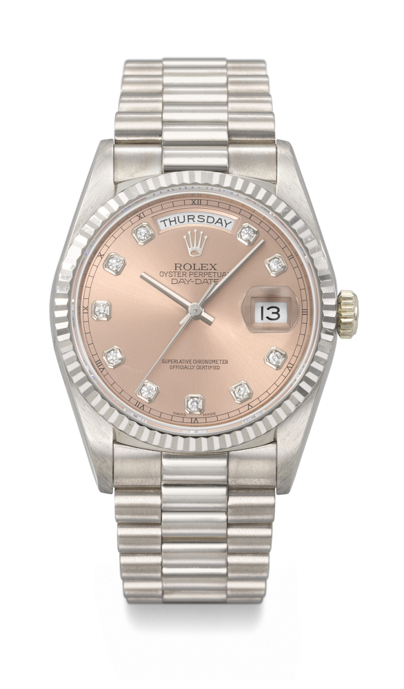 ROLEX. AN ATTRACTIVE 18K WHITE GOLD AND DIAMOND-SET AUTOMATIC WRISTWATCH WITH SWEEP CENTRE SECONDS, DAY, DATE AND BRACELET