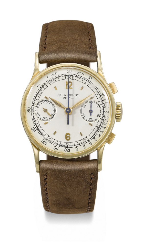 PATEK PHILIPPE. A VERY RARE 18K GOLD CHRONOGRAPH WRISTWATCH