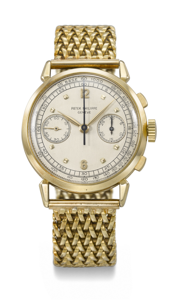 PATEK PHILIPPE. A VERY RARE AND ATTRACTIVE 18K GOLD CHRONOGRAPH WRISTWATCH WITH SPIDER LUGS