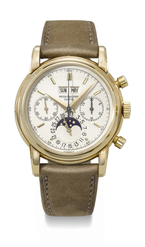 PATEK PHILIPPE. A VERY RARE AND HIGHLY ATTRACTIVE 18K GOLD PERPETUAL CALENDAR CHRONOGRAPH WRISTWATCH WITH MOON PHASES