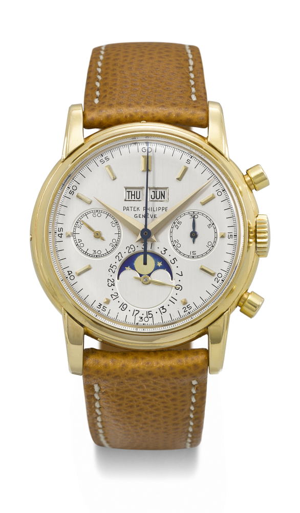 PATEK PHILIPPE. A VERY RARE AND ATTRACTIVE 18K GOLD PERPETUAL CALENDAR CHRONOGRAPH WRISTWATCH WITH MOON PHASES, MADE FOR THE AMERICAN MARKET