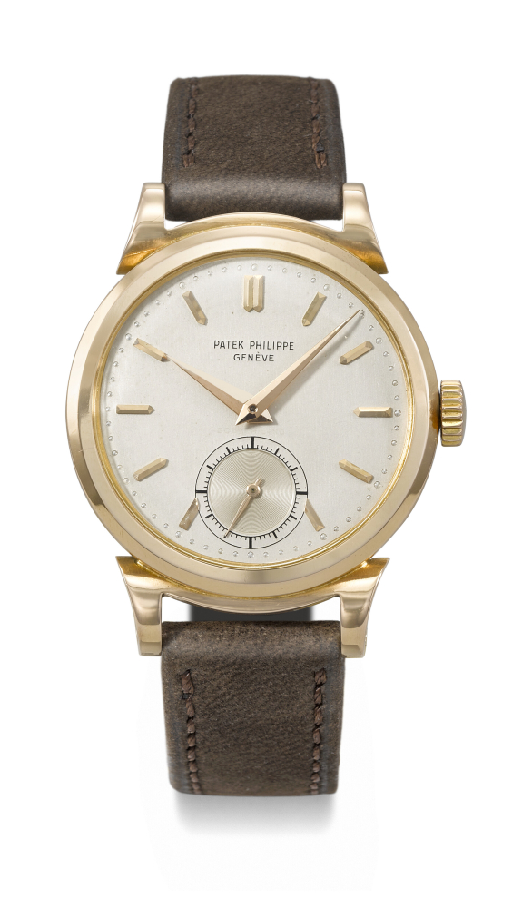 PATEK PHILIPPE. A VERY RARE 18K PINK GOLD WRISTWATCH WITH SCROLL LUGS