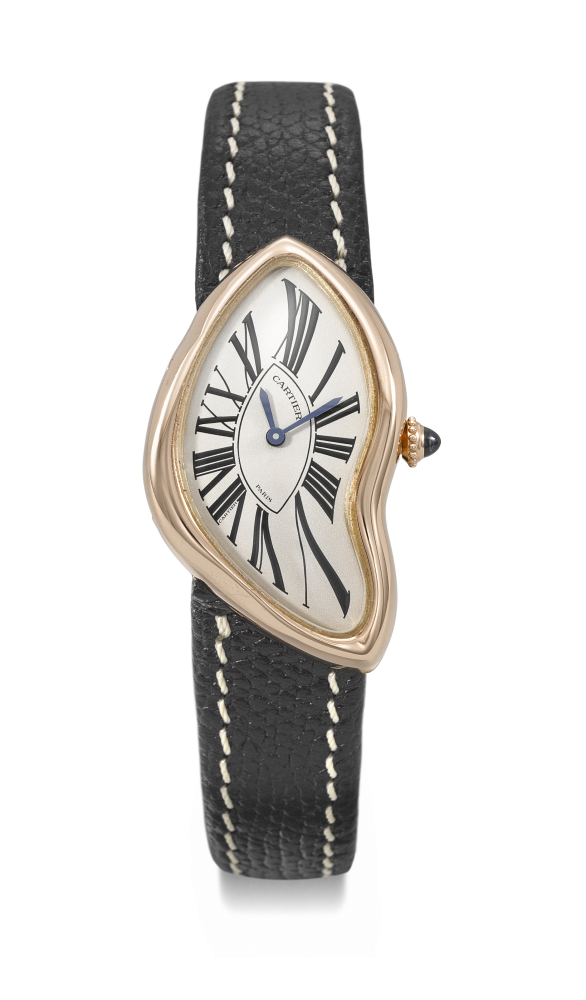 CARTIER. A RARE AND UNUSUAL 18K PINK GOLD ASYMMETRICAL WRISTWATCH WITH ‘CRASH’ DEPLOYANT CLASP