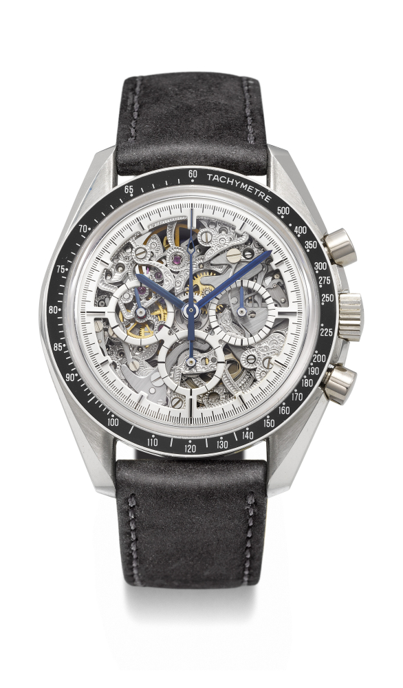 OMEGA. A VERY RARE AND ATTRACTIVE PLATINUM LIMITED EDITION SKELETONIZED CHRONOGRAPH WRISTWATCH, MADE TO COMMEMORATE THE 25TH ANNIVERSARY OF APOLLO XI