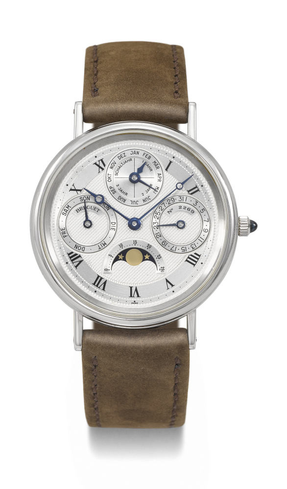 BREGUET. AN ELEGANT PLATINUM AUTOMATIC PERPETUAL CALENDAR WRISTWATCH WITH MOON PHASES AND LEAP YEAR INDICATION